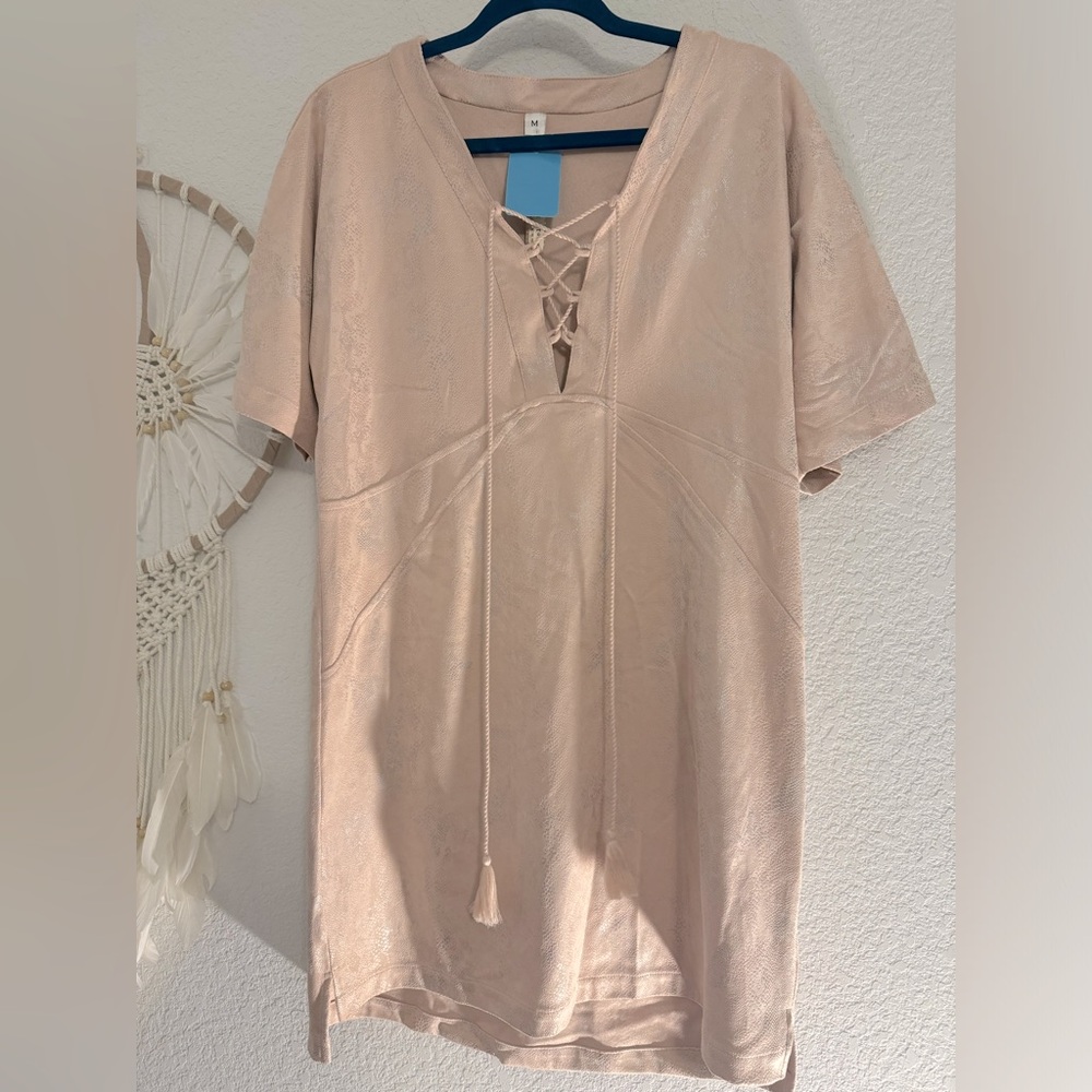 Uncle Frank Blush Beige Lace-Up V-Neck Dress